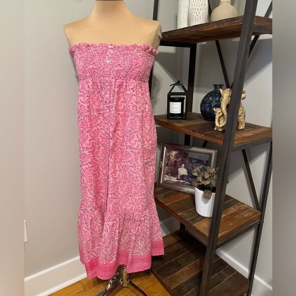 LOLA AUSTRALIA Pink Floral Smocked Sleeveless Midi Dress Women’s Size MED - Picture 1 of 12